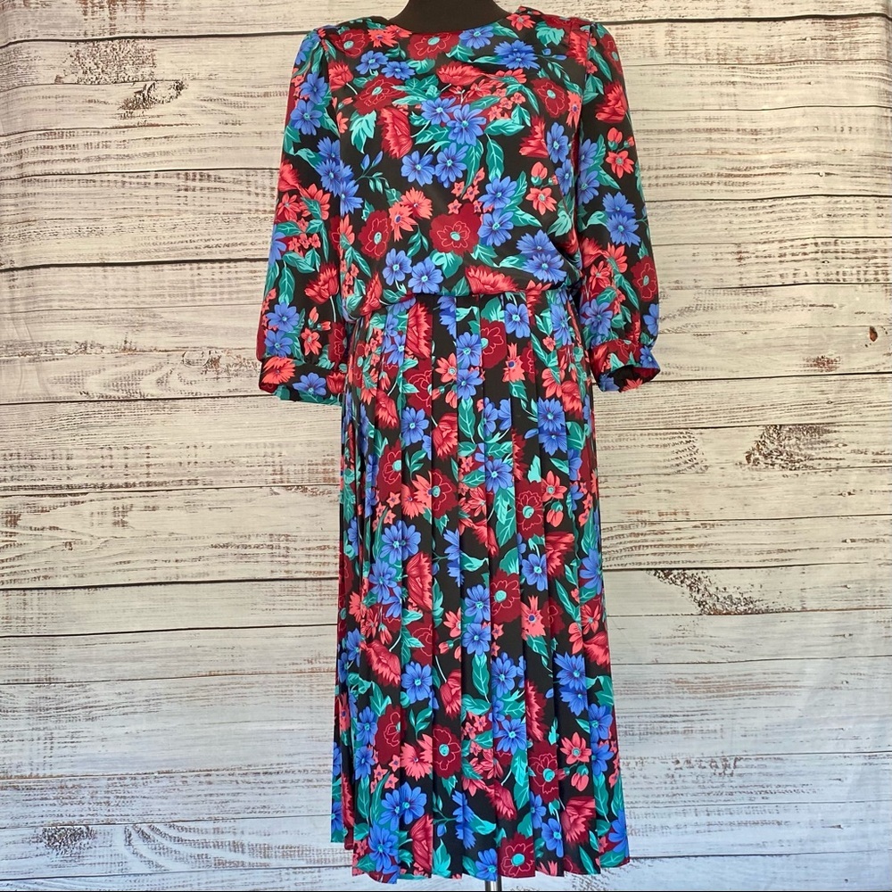 VINTAGE 80's SWEET MIRANDA Floral Print Blouson Pleated 3/4 Sleeve Maxi Dress